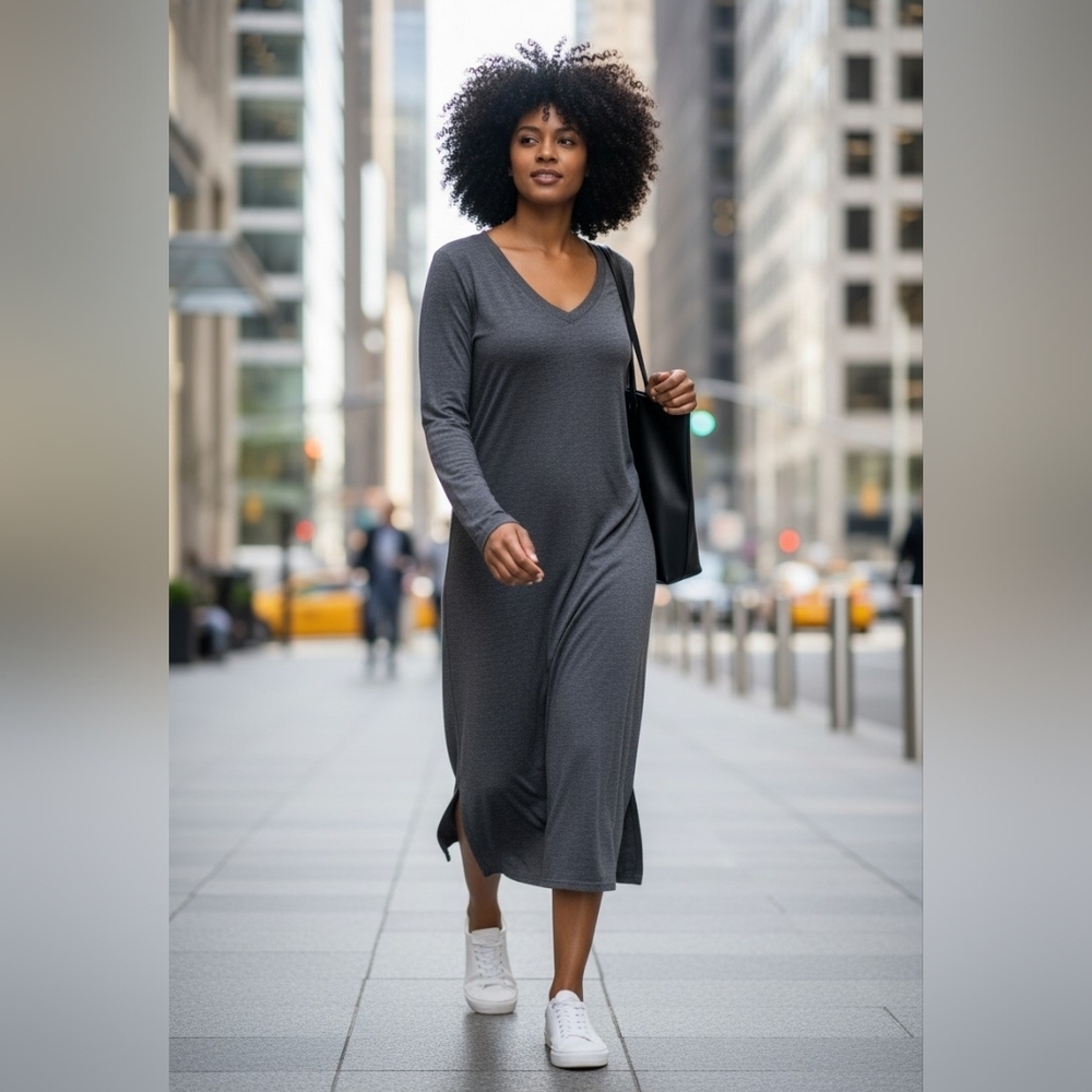 Women's small maxi long sleeve t-shirt dress gray w/ slits each side bottom NWOT